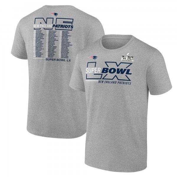 Men's New England Patriots  Fanatics Heather Gray Super Bowl LX Roster T-Shirt