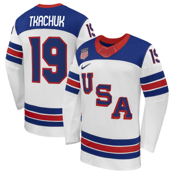 Men's USA Hockey Matthew Tkachuk Nike White 2026 Away Replica Jersey