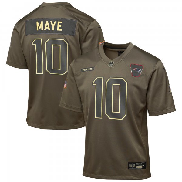 Youth #10 Drake Maye New England Patriots Nike 2025 Salute to Service Game Olive Jersey