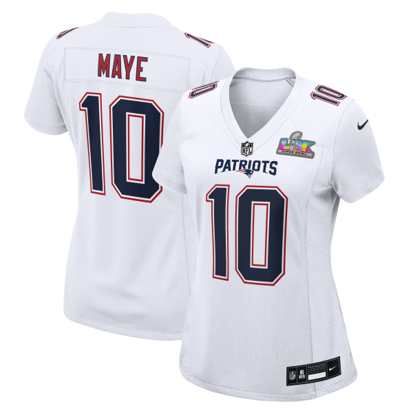 Women's New England Patriots Drake Maye Nike White Super Bowl LX Patch Tundra Fashion Game Jersey
