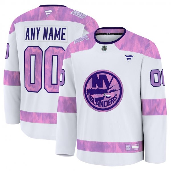Men's New York Islanders Fanatics White 2024 Hockey Fights Cancer Custom Practice Jersey
